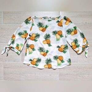April Vintage Pineapple Print White Blouse With 3/4 Sleeves With Ties - Small
